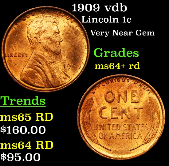 1909 vdb Lincoln Cent 1c Grades Choice+ Unc RD