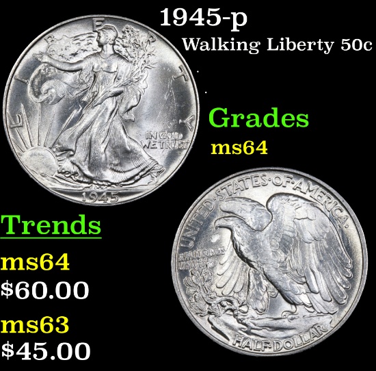 1945-p Walking Liberty Half Dollar 50c Grades Choice Unc