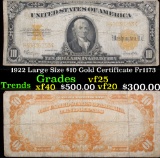 1922 Large Size $10 Gold Certificate Fr1173 Grades vf+