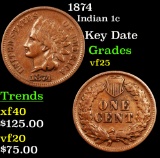 1874 Indian Cent 1c Grades vf+