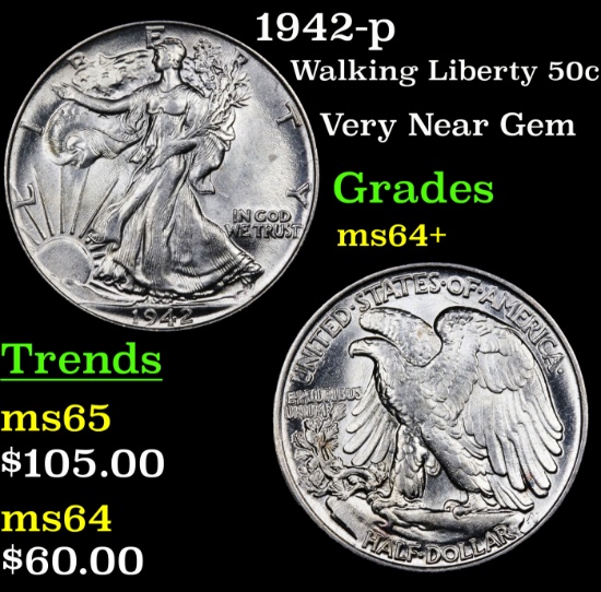 1942-p Walking Liberty Half Dollar 50c Grades Choice+ Unc