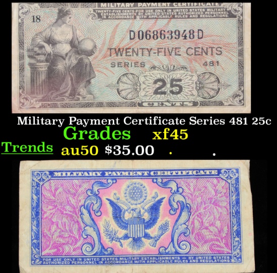 Military Payment Certificate Series 481 25c Grades xf+