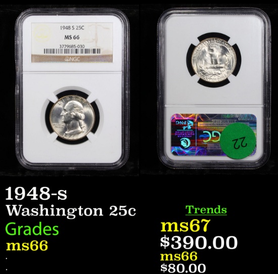 1948-s Washington Quarter 25c Graded ms66 By NGC