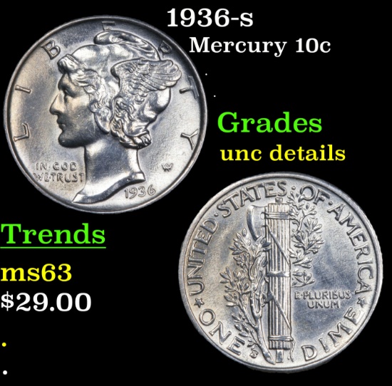 1936-s Mercury Dime 10c Grades Unc Details