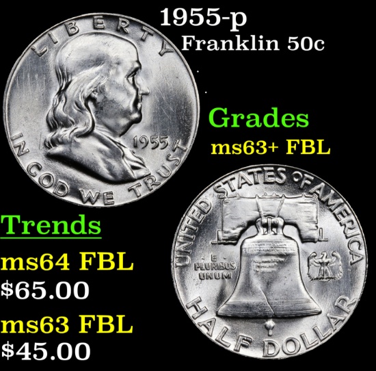 1955-p Franklin Half Dollar 50c Grades Select Unc+ FBL