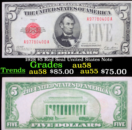 1928 $5 Red Seal United States Note Grades Choice AU/BU Slider