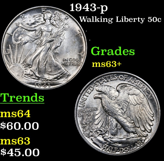 1943-p Walking Liberty Half Dollar 50c Grades Select+ Unc