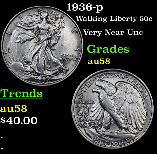 1936-p Walking Liberty Half Dollar 50c Grades Choice AU/BU Slider
