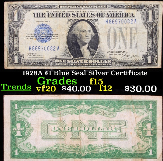 1928A $1 Blue Seal Silver Certificate Grades f+
