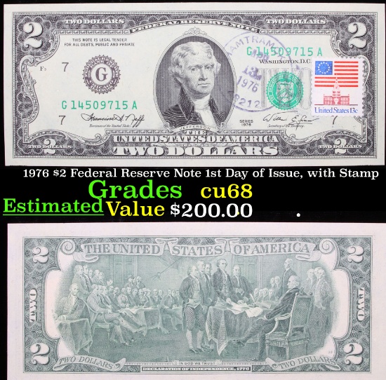 1976 $2 Federal Reserve Note 1st Day of Issue, with Stamp Grades Gem++ CU