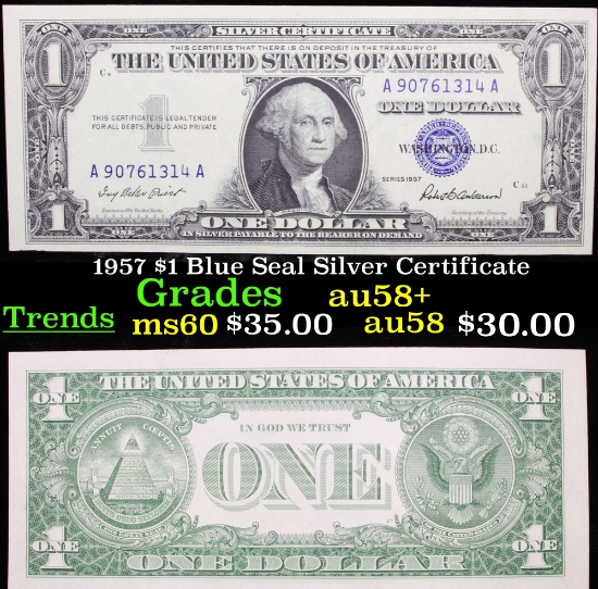 1957 $1 Blue Seal Silver Certificate Grades Choice AU/BU Slider+