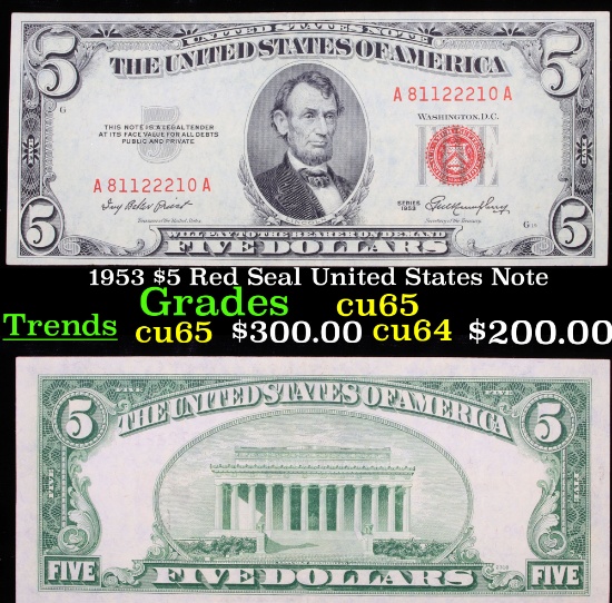 1953 $5 Red Seal United States Note Grades Gem CU
