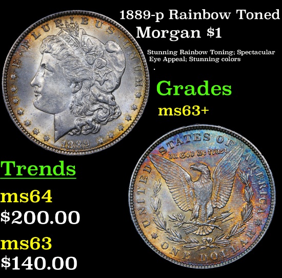 1889-p Rainbow Toned Morgan Dollar $1 Grades Select+ Unc