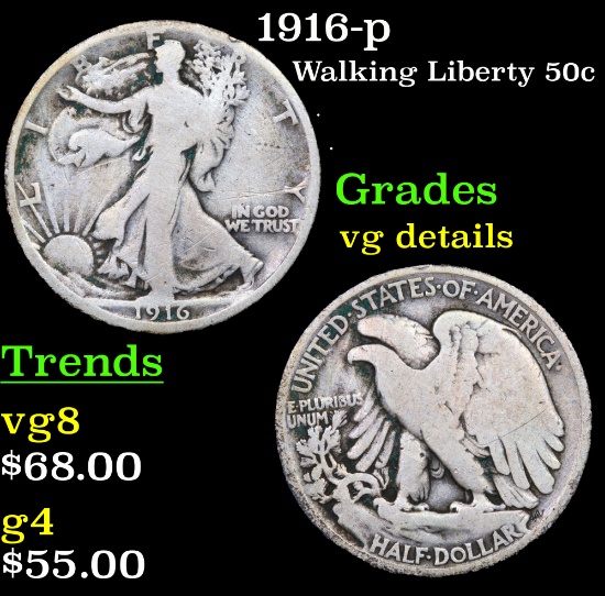 1916-p Walking Liberty Half Dollar 50c Grades vg details