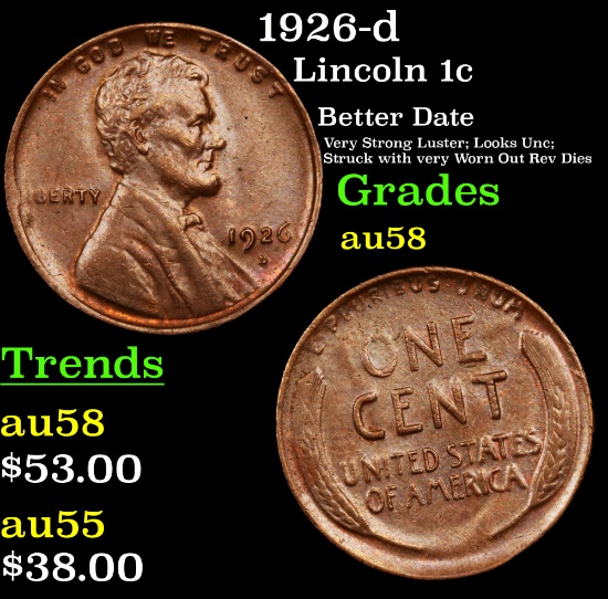 1926-d Lincoln Cent 1c Grades Choice AU/BU Slider