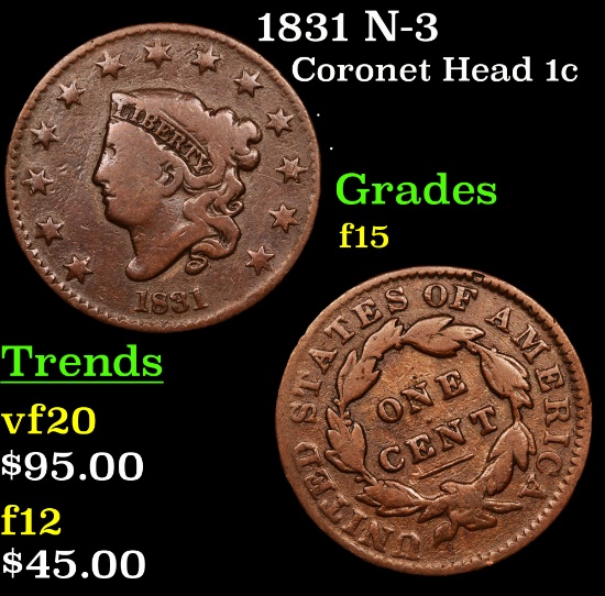 1831 N-3 Coronet Head Large Cent 1c Grades f+