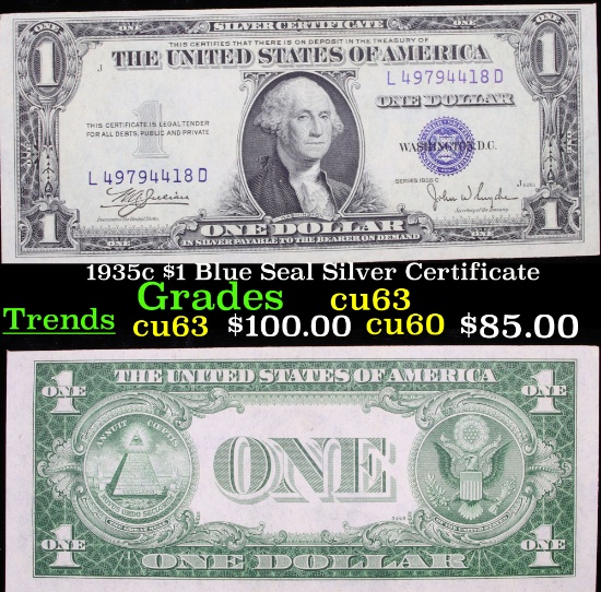 1935c $1 Blue Seal Silver Certificate Grades Select CU