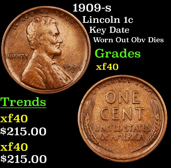 1909-s Lincoln Cent 1c Grades xf