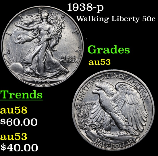 1938-p Walking Liberty Half Dollar 50c Grades Select AU