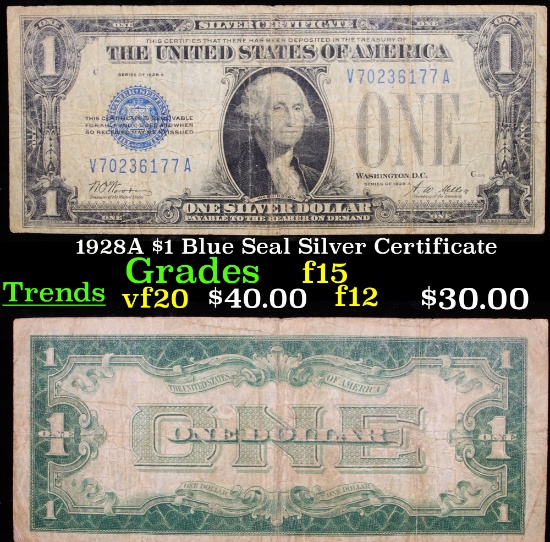 1928A $1 Blue Seal Silver Certificate Grades f+
