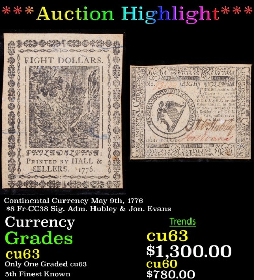 ***Auction Highlight*** Continental Currency May 9th, 1776 $8 Fr-CC38 Sig. Adm. Hubley & Jon. Evans