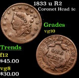 1833 u R2 Coronet Head Large Cent 1c Grades vg+