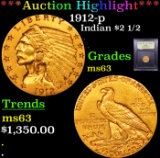 ***Auction Highlight*** 1912-p Gold Indian Quarter Eagle $2 1/2 Graded Select Unc By USCG (fc)