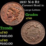 1837 N-6 R2 Coronet Head Large Cent 1c Grades xf