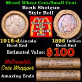Mixed small cents 1c orig shotgun roll, 1918-d Wheat Cent, 1898 Indian Cent other end, McDonalds Wra