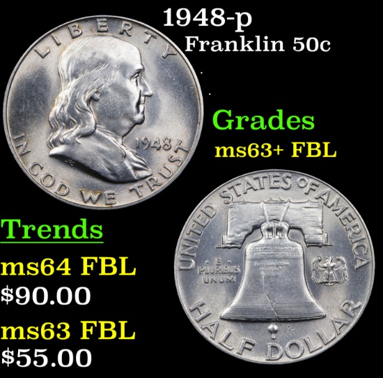 1948-p Franklin Half Dollar 50c Grades Select Unc+ FBL