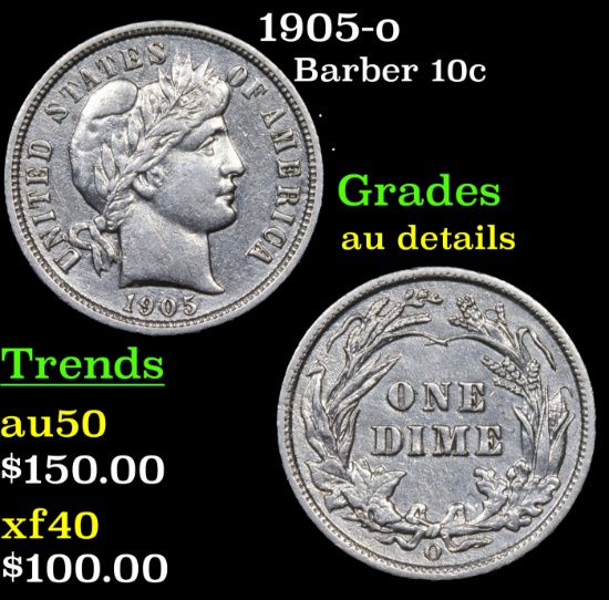 1905-o Barber Dime 10c Grades AU Details