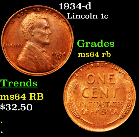 1934-d Lincoln Cent 1c Grades Choice Unc RB