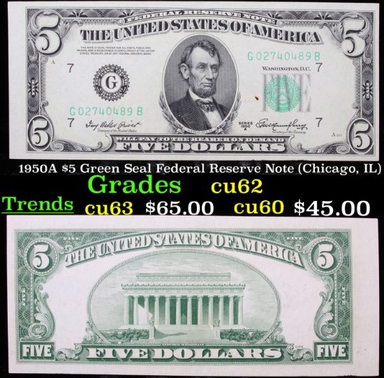 1950A $5 Green Seal Federal Reserve Note (Chicago, IL) Grades Select CU