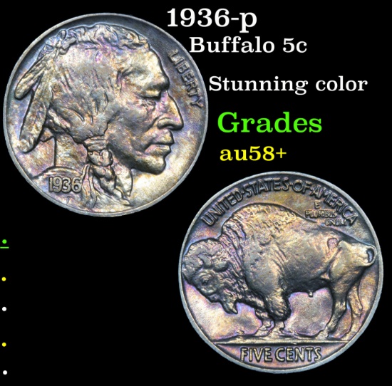 1936-p Buffalo Nickel 5c Grades Choice AU/BU Slider+
