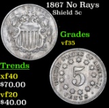 1867 No Rays Shield Nickel 5c Grades vf++