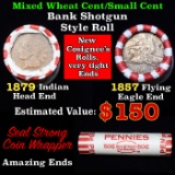 Mixed small cents 1c orig shotgun roll, 1857 Flying Eagle cent, 1879 Indian Cent other end, Seal Str