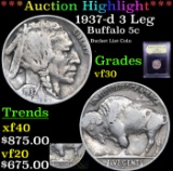 ***Auction Highlight*** 1937-d 3 Leg Buffalo Nickel 5c Graded vf++ BY USCG (fc)