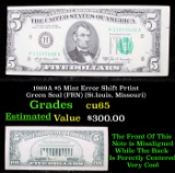 1969A $5 Mint Error Green Seal Federal Reserve Note (St.louis, Missouri) Grades Gem CU