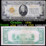 1928 $20 Gold Certificate Signatures Woods/Mellon Grades vf++