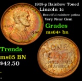 1929-p Rainbow Toned Lincoln Cent 1c Grades Choice+ Unc BN