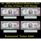 4x 1976 $2 Federal Reserve Note 1st Day of Issue, with Stamp Consecutive Serial Number Grades Gem CU
