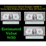 3x 1969B $1 Green Seal Federal Reserve Note (Boston, MA) Consecutive Serial Number's Grades Gem CU