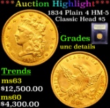 ***Auction Highlight*** 1834 Plain 4 HM-5 Classic Head $5 Gold Graded Unc Details By USCG (fc)