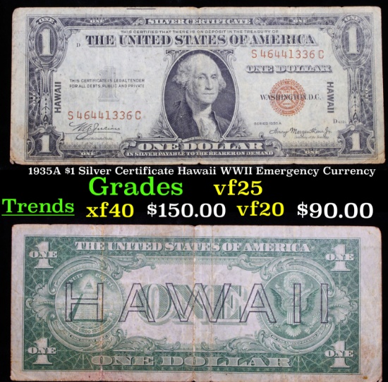 1935A $1 Silver Certificate Hawaii WWII Emergency Currency Grades vf+