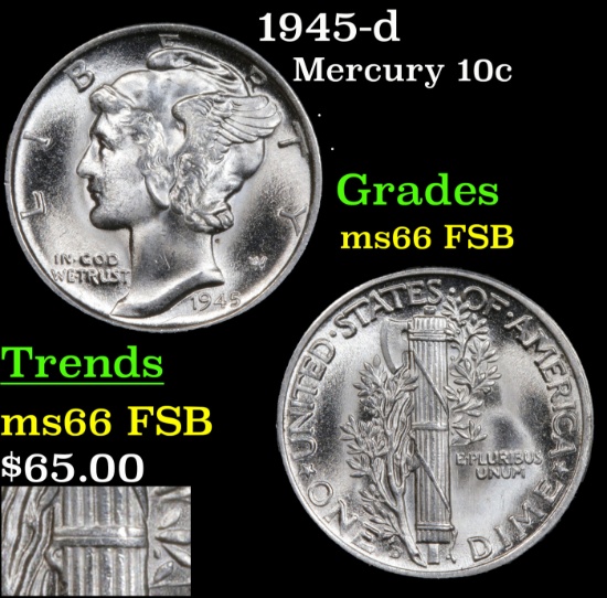 1945-d Mercury Dime 10c Grades GEM+ FSB