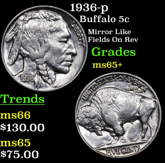 1936-p Buffalo Nickel 5c Grades GEM+ Unc