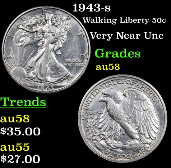 1943-s Walking Liberty Half Dollar 50c Grades Choice AU/BU Slider