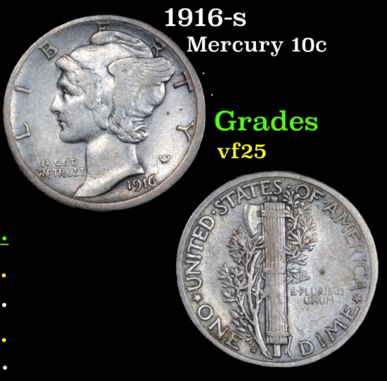 1916-s Mercury Dime 10c Grades vf+