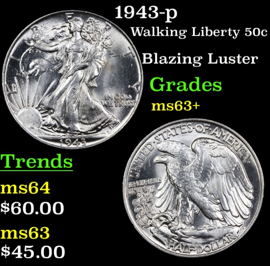 1943-p Walking Liberty Half Dollar 50c Grades Select+ Unc