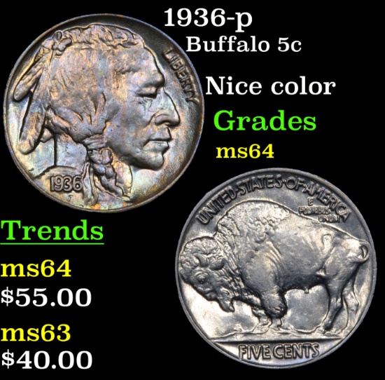 1936-p Buffalo Nickel 5c Grades Choice Unc